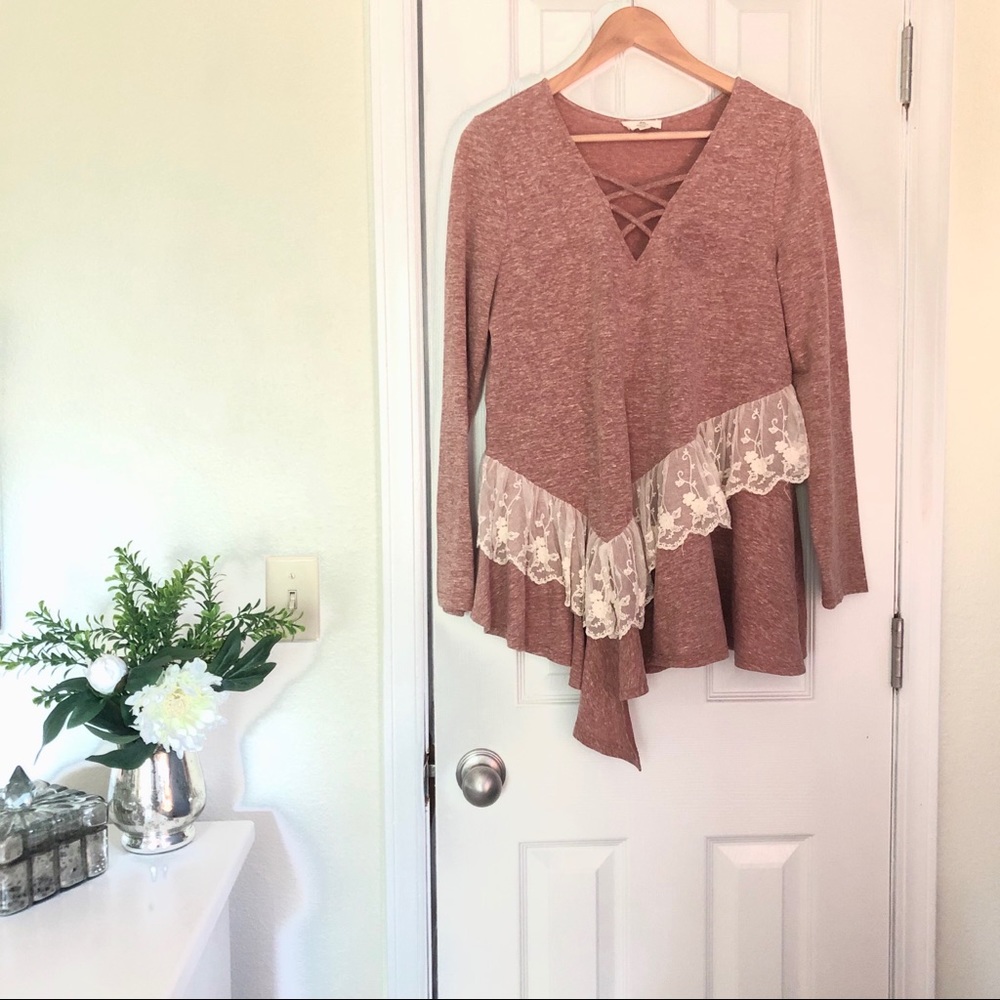 Blush rose pink top with cream lace ruffle